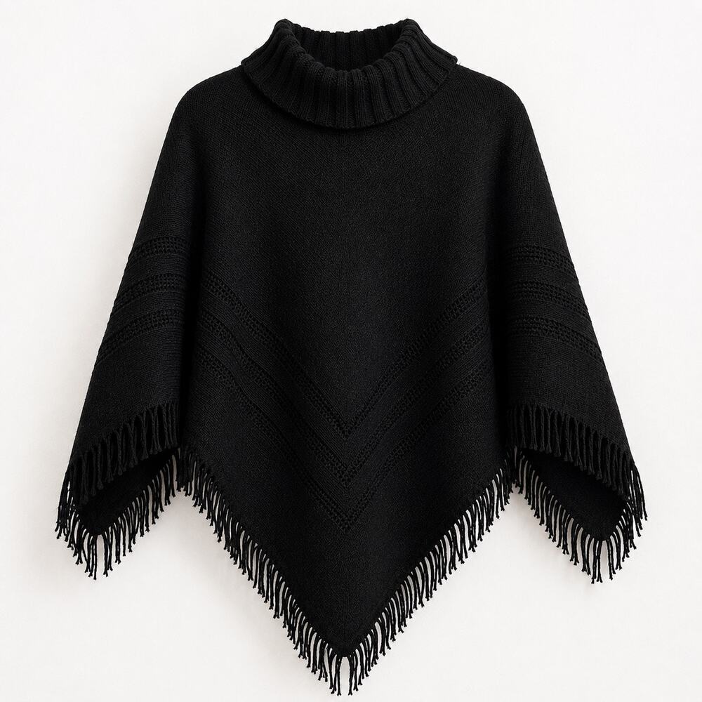 Vintage Tally-Ho Black Knit Turtleneck Fringe Poncho Shawl M-XL OS Boho/ So Cool